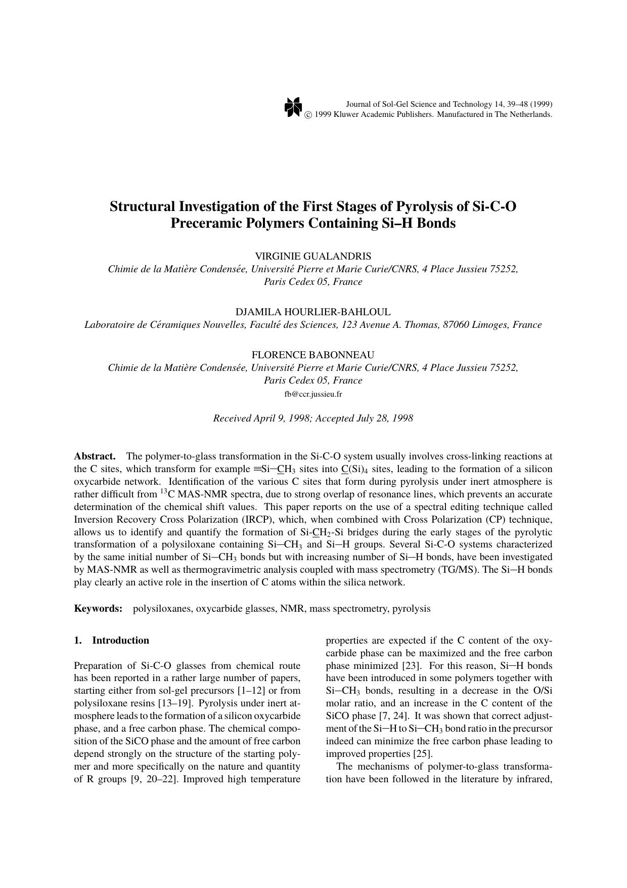 Structural Investigation of the First Stages of Pyrolysis of Si-C-O Preceramic Polymers Containing Si–H Bonds by Unknown
