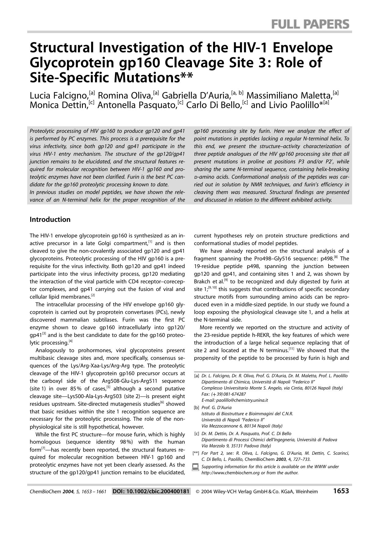 Structural Investigation of the HIV-1 Envelope Glycoprotein gp160 Cleavage Site 3: Role of Site-Specific Mutations by Unknown