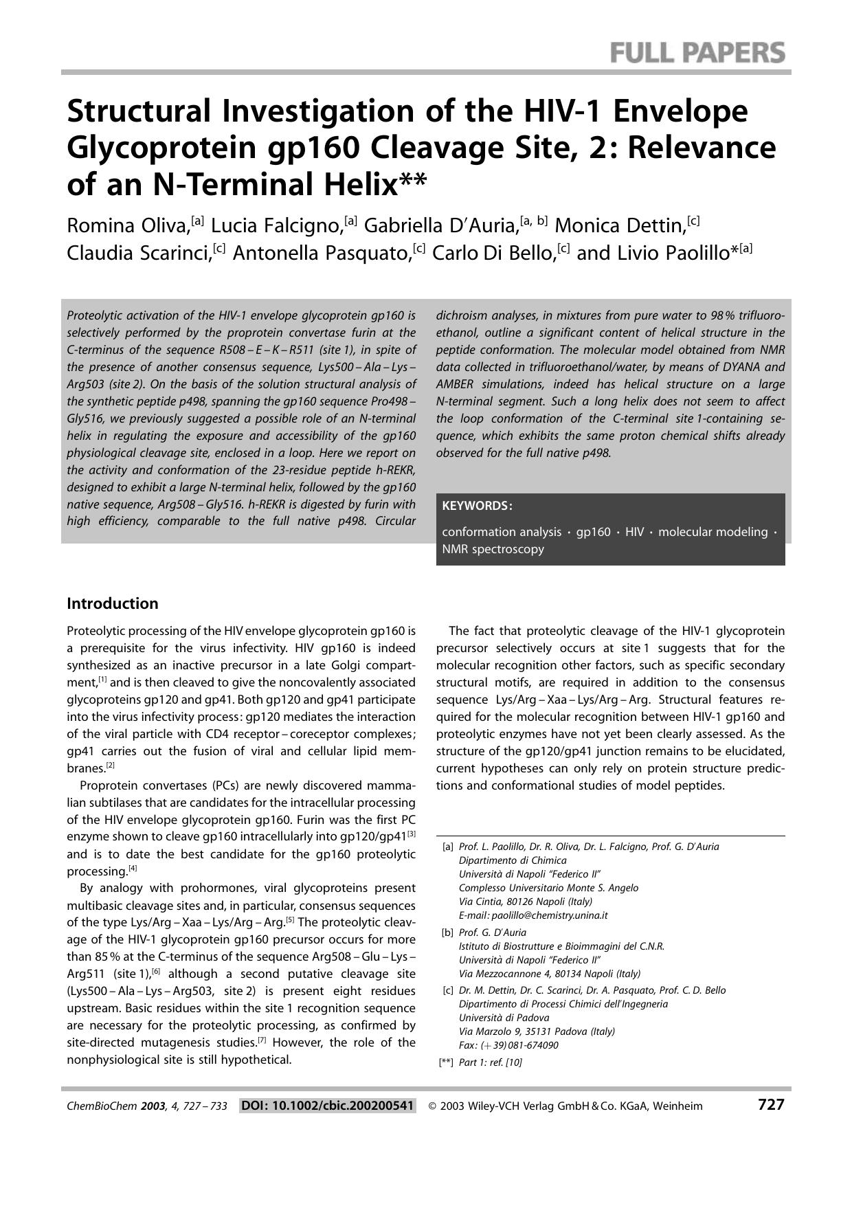 Structural Investigation of the HIV-1 Envelope Glycoprotein gp160 Cleavage Site, 2: Relevance of an N-Terminal Helix by Unknown