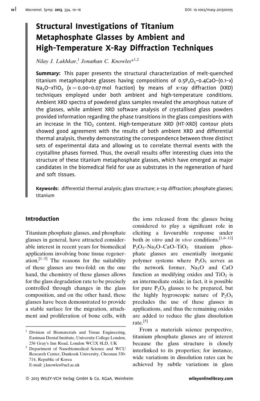 Structural Investigations of Titanium Metaphosphate Glasses by Ambient and HighTemperature XRay Diffraction Techniques by Unknown