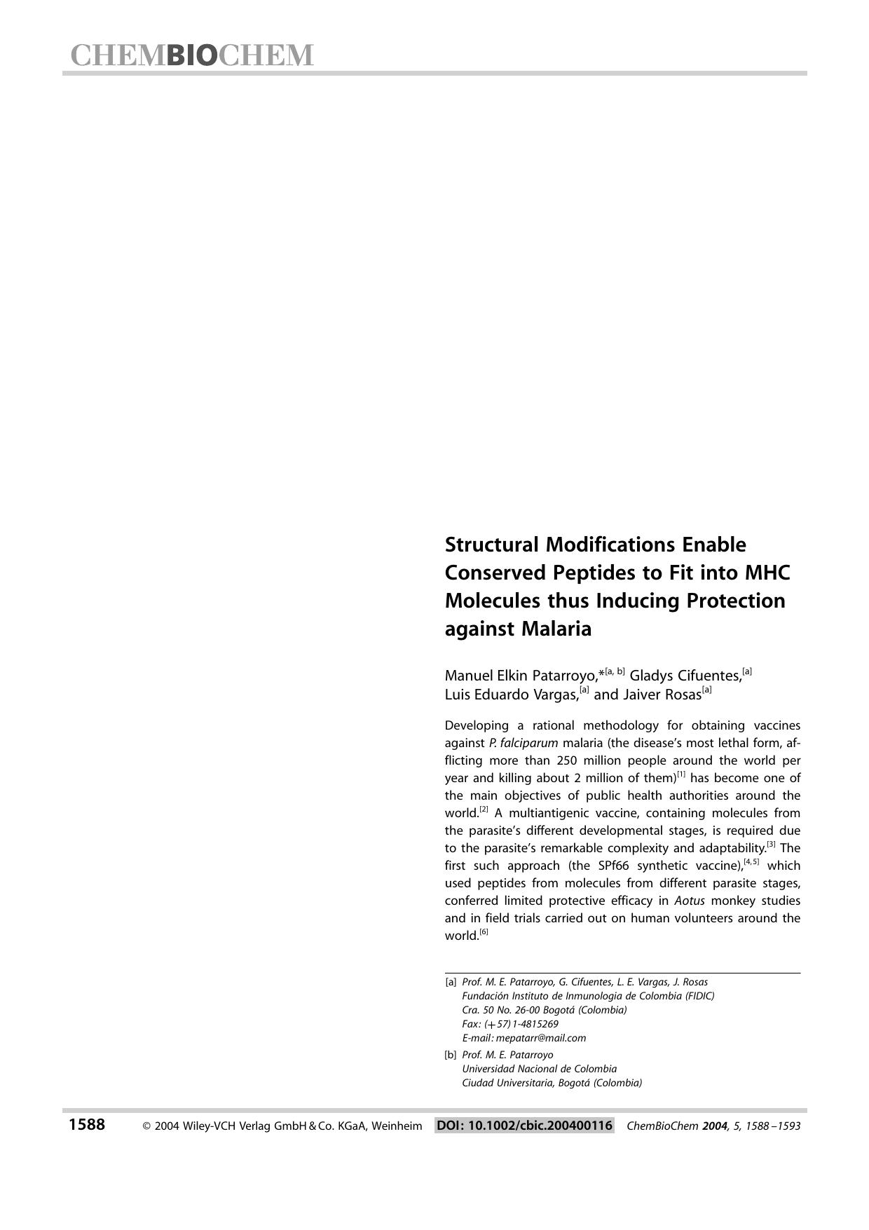 Structural Modifications Enable Conserved Peptides to Fit into MHC Molecules thus Inducing Protection against Malaria by Unknown