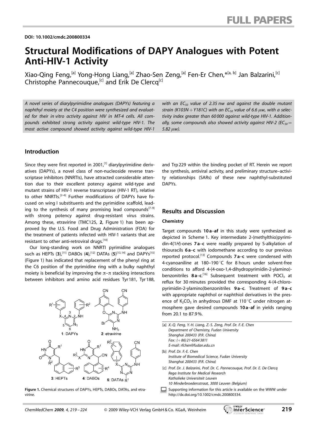 Structural Modifications of DAPY Analogues with Potent Anti-HIV-1 Activity by Unknown