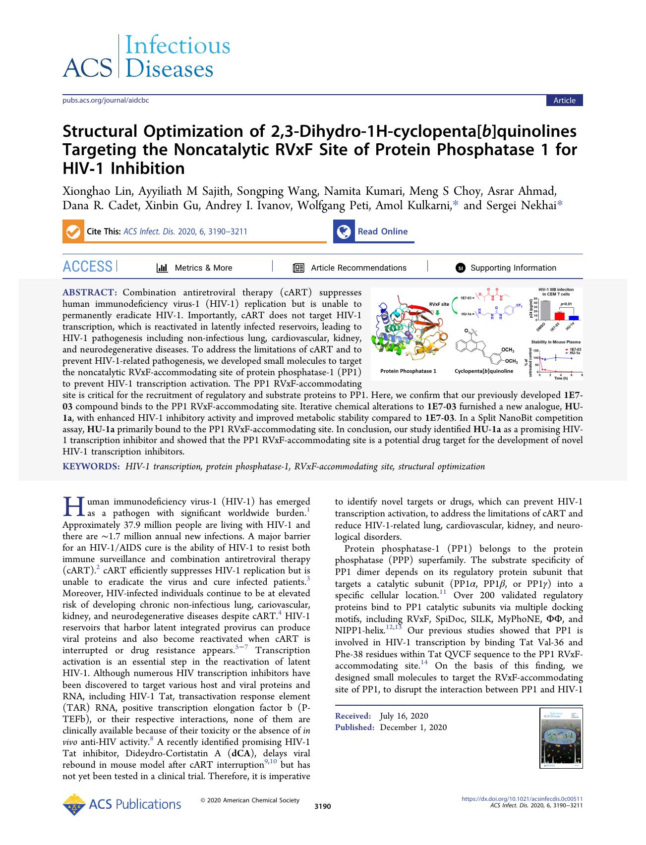 Structural Optimization of 2,3-Dihydro-1H-cyclopenta[b]quinolines Targeting the Noncatalytic RVxF Site of Protein Phosphatase 1 for HIV-1 Inhibition by unknow