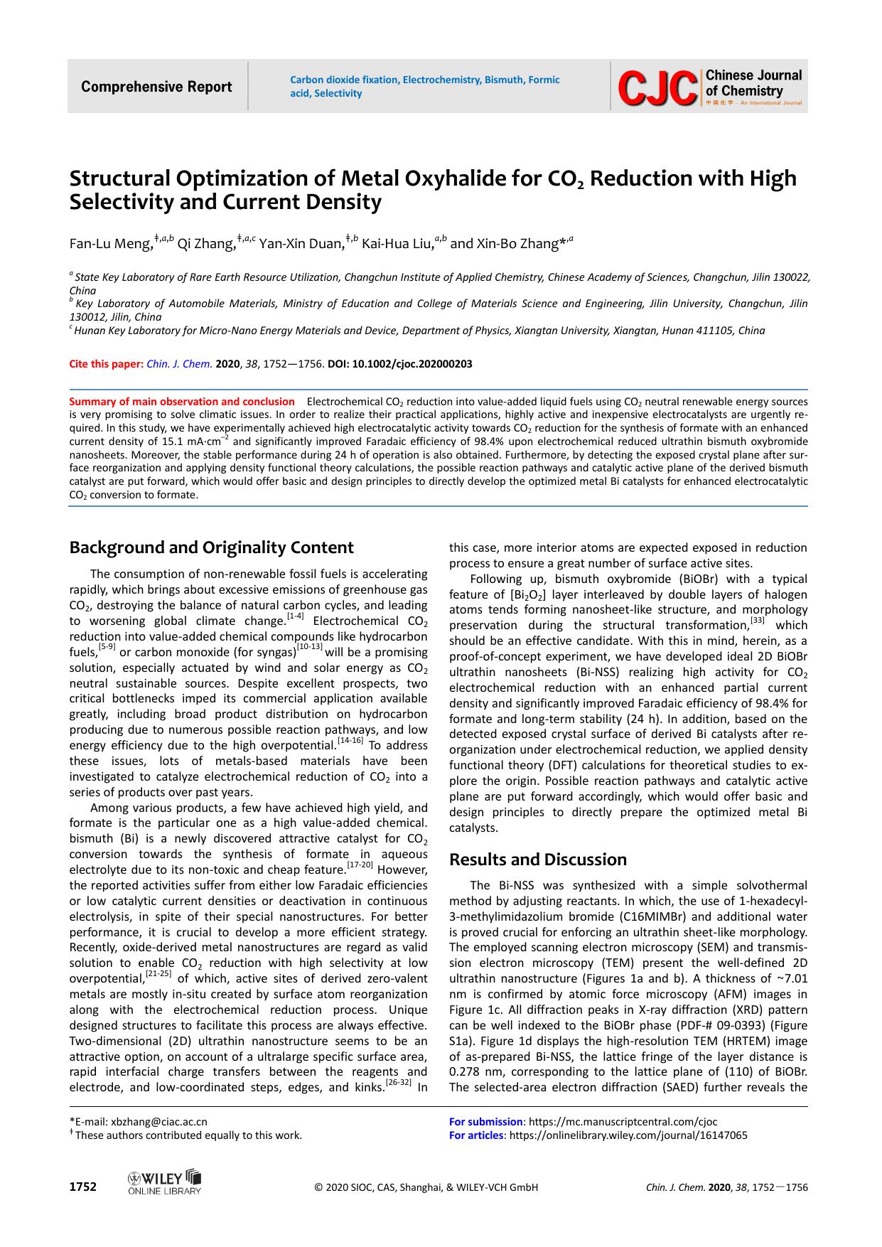 Structural Optimization of Metal Oxyhalide for CO2 Reduction with High Selectivity and Current Density by USER
