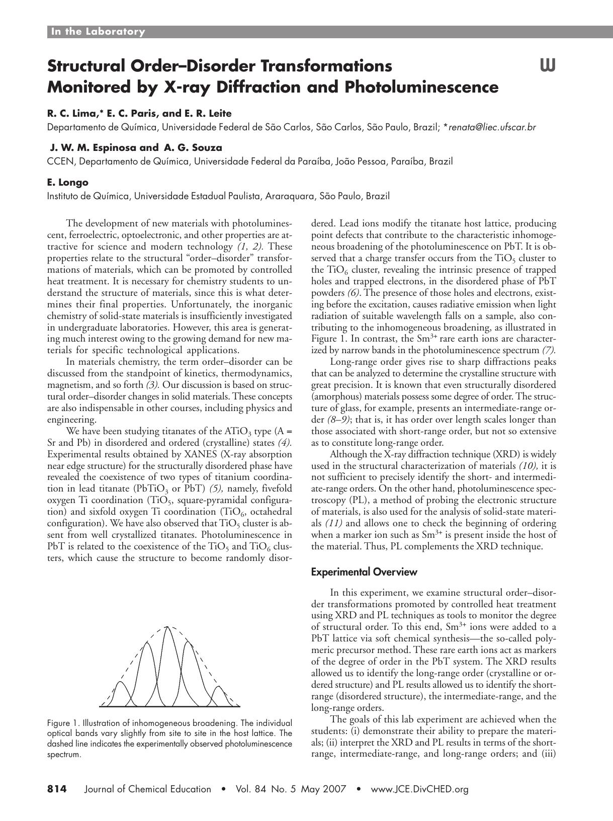 Structural Order–Disorder Transformations Monitored by X-ray Diffraction and Photoluminescence by R. C. Lima E. C. Paris E. R. Leite J. W. M. Espinosa A. G. Souza and E. Longo