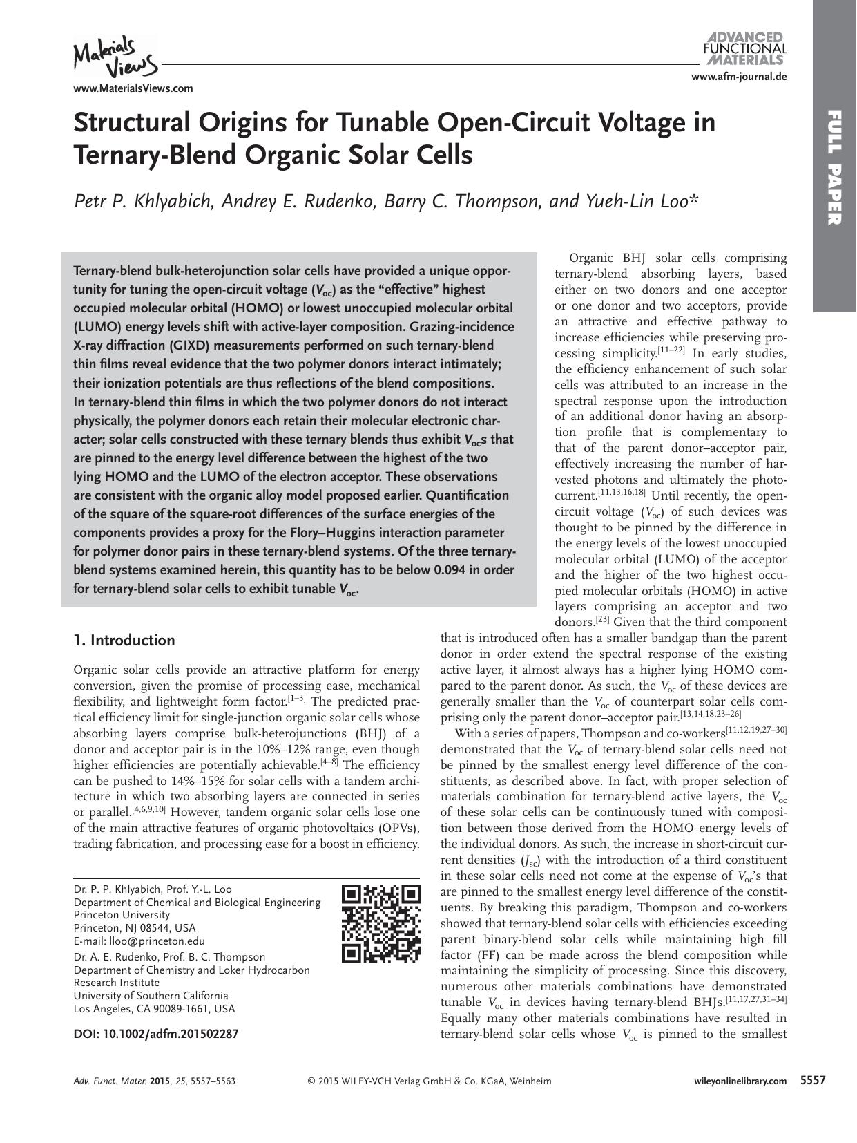 Structural Origins for Tunable Open‐Circuit Voltage in Ternary‐Blend Organic Solar Cells by Unknown