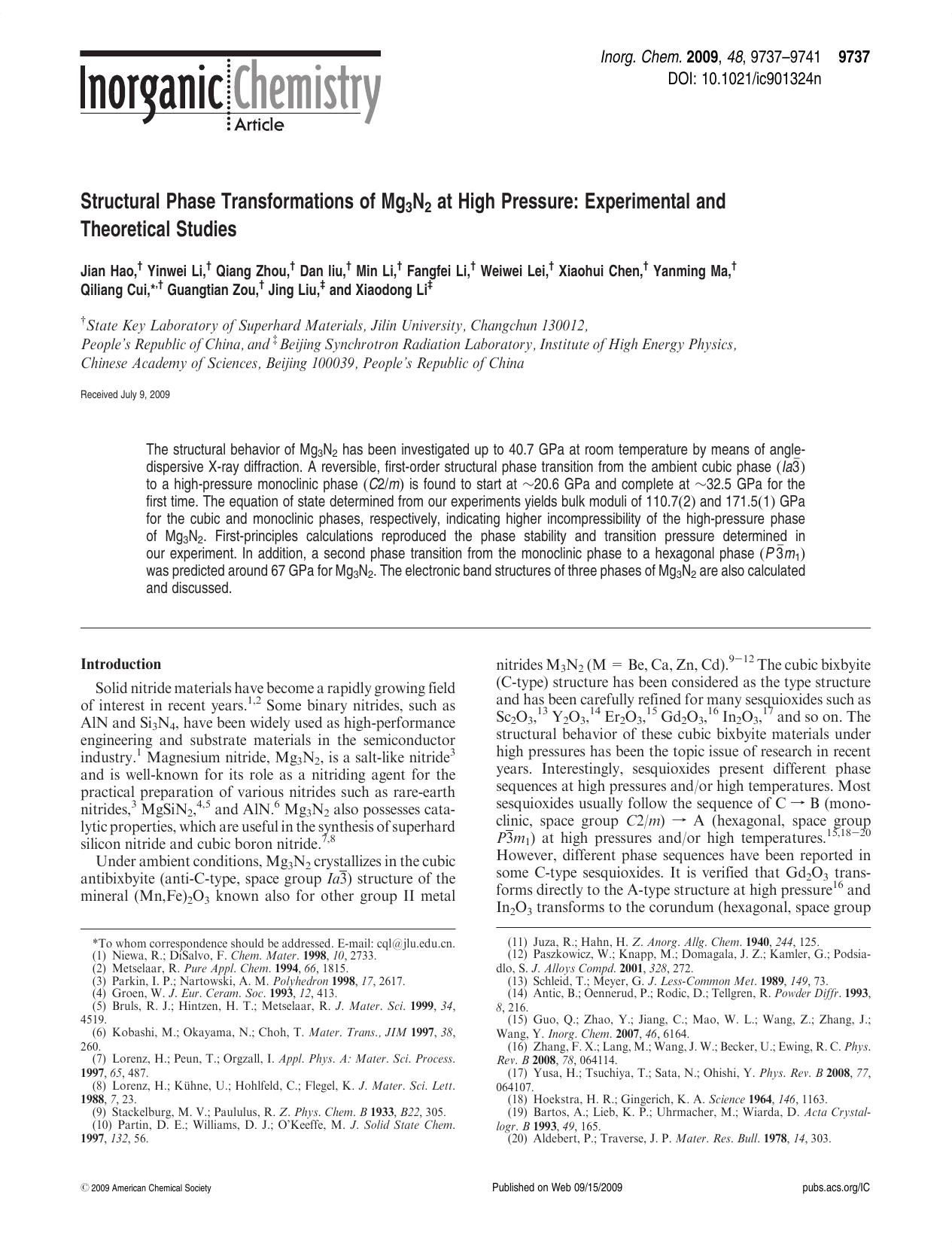 Structural Phase Transformations of Mg3N2 at High Pressure: Experimental and Theoretical Studies by unknow