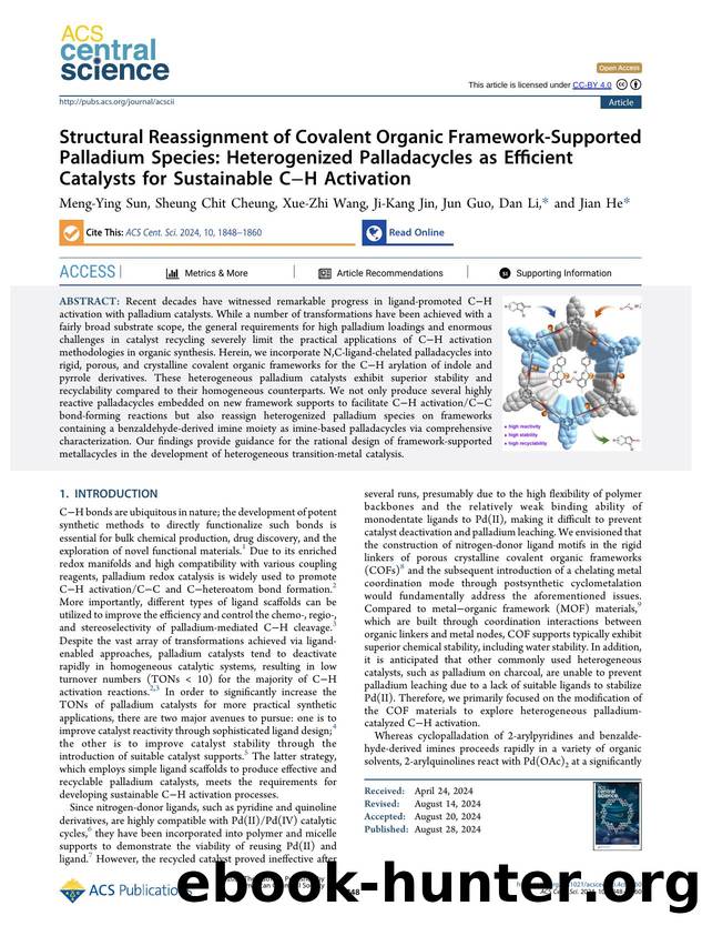 Structural Reassignment of Covalent Organic Framework-Supported Palladium Species: Heterogenized Palladacycles as Efficient Catalysts for Sustainable CâH Activation by unknow