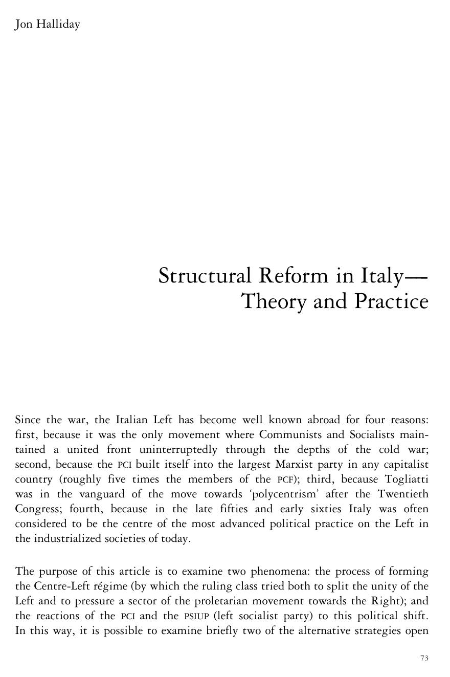 Structural Reform in Italy-Theory and Practice by Jon Halliday