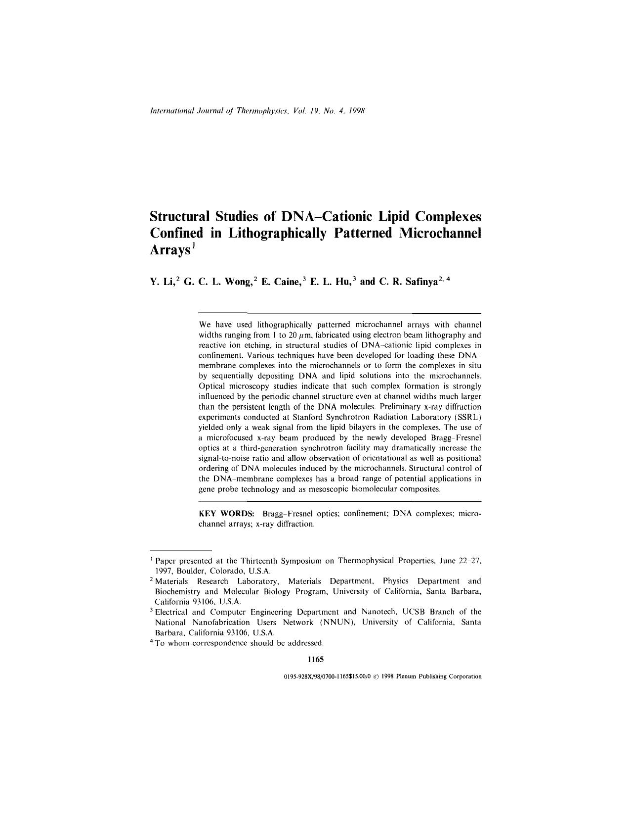 Structural Studies of DNA–Cationic Lipid Complexes Confined in Lithographically Patterned Microchannel Arrays by Unknown