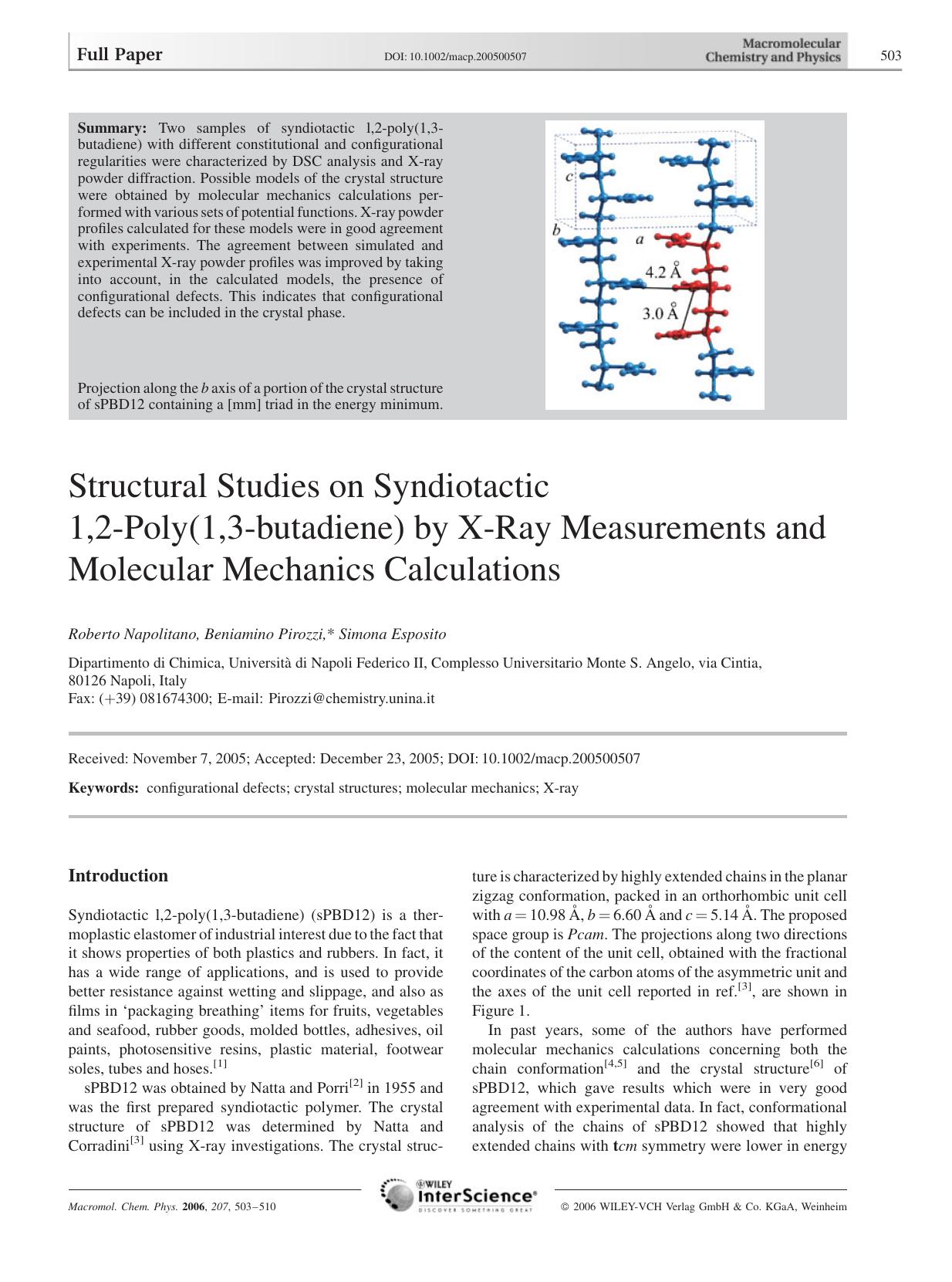 Structural Studies on Syndiotactic 1,2-Poly(1,3-butadiene) by X-Ray Measurements and Molecular Mechanics Calculations by Unknown
