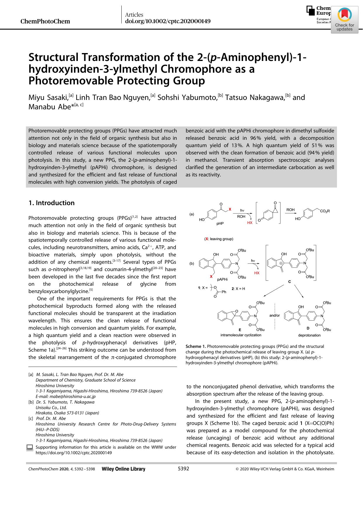 Structural Transformation of the 2â(pâAminophenyl)â1âhydroxyindenâ3âylmethyl Chromophore as a Photoremovable Protecting Group by Unknown