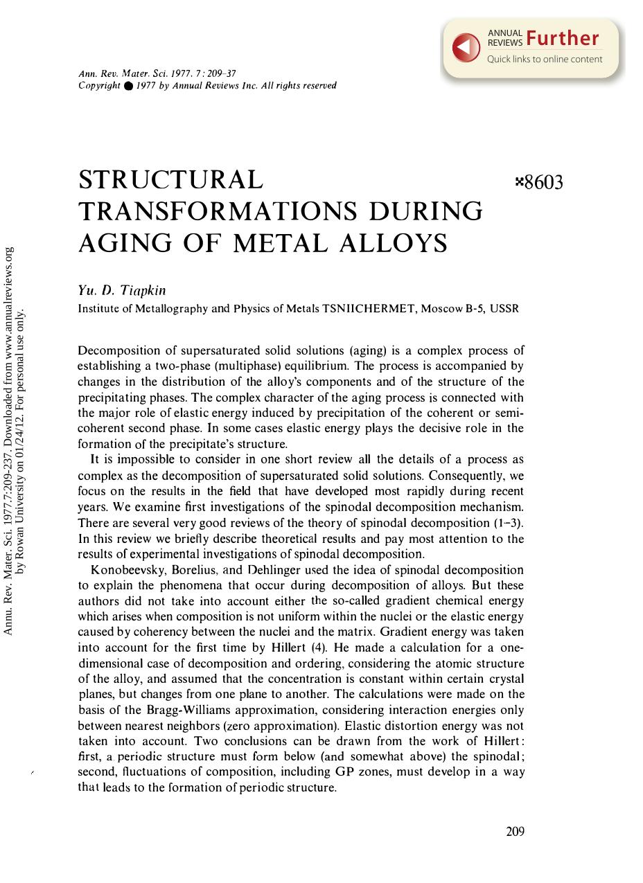 Structural Transformations During Aging of Metal Alloys by Y D Tiapkin