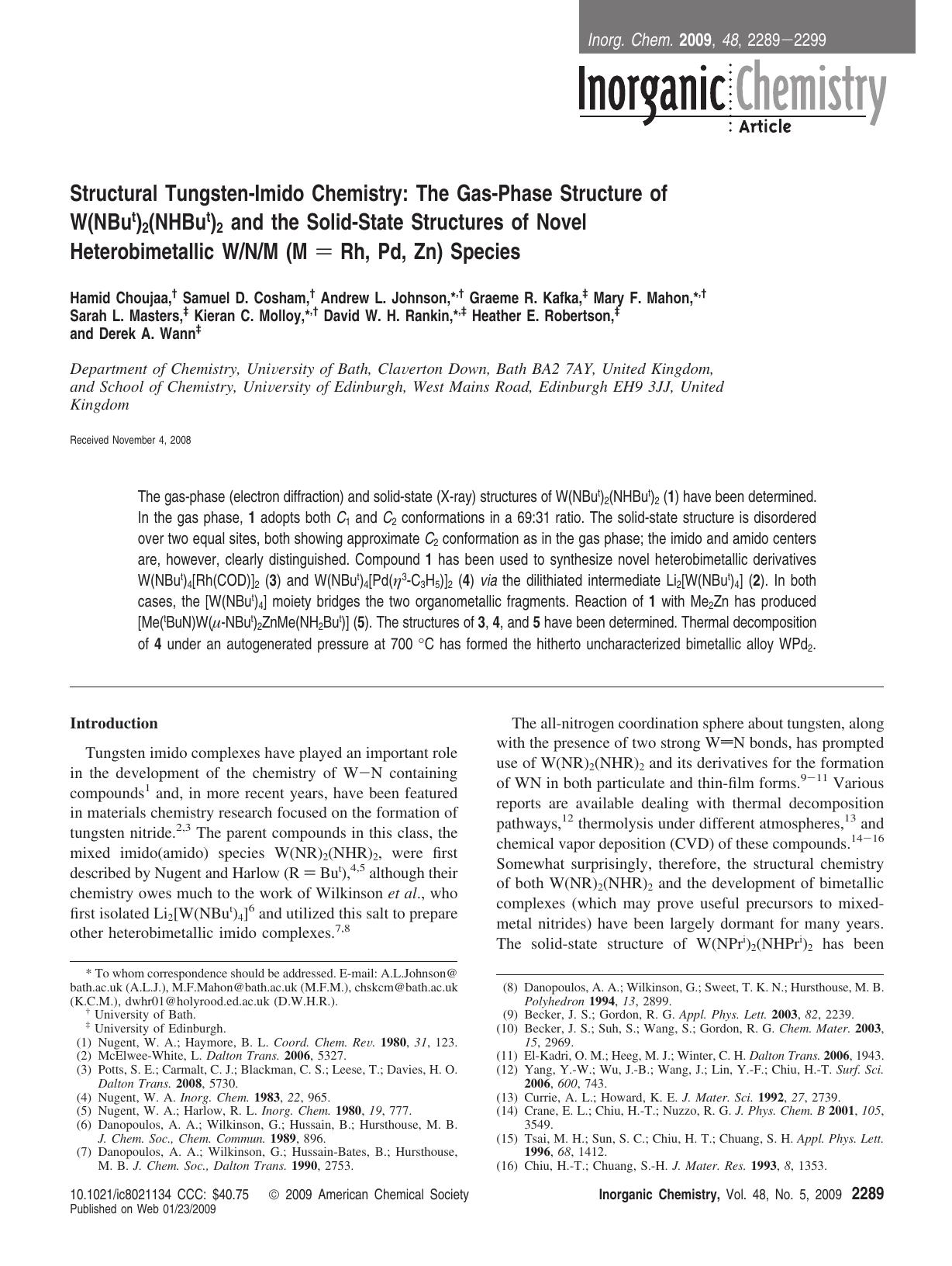 Structural Tungsten-Imido Chemistry: The Gas-Phase Structure of W(NBut)2(NHBut)2 and the Solid-State Structures of Novel Heterobimetallic WNM (M = Rh, Pd, Zn) Species by unknow
