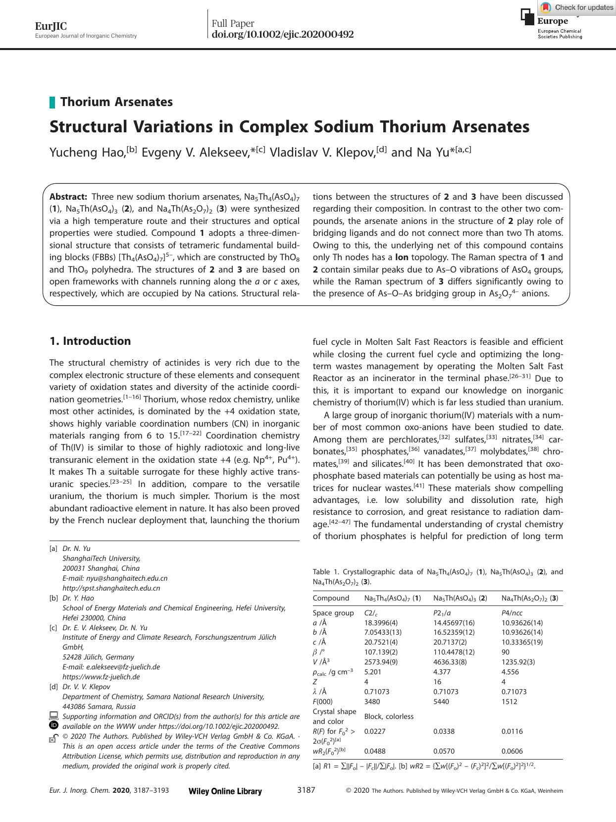 Structural Variations in Complex Sodium Thorium Arsenates by Unknown