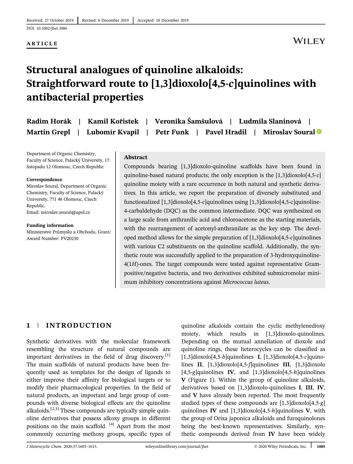 Structural analogues of quinoline alkaloids: Straightforward route to [1,3]dioxolo[4,5-c]quinolines with antibacterial properties by Unknown