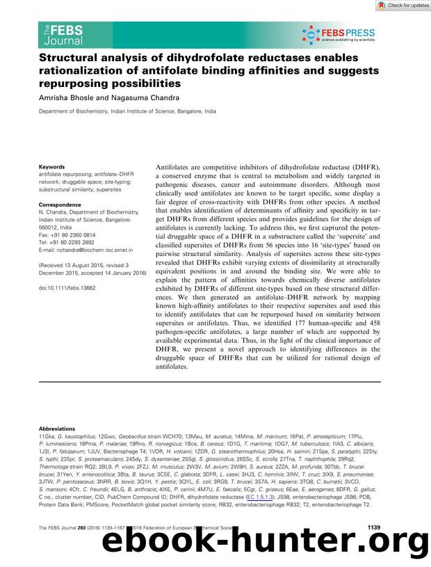 Structural analysis of dihydrofolate reductases enables rationalization of antifolate binding affinities and suggests repurposing possibilities by Unknown