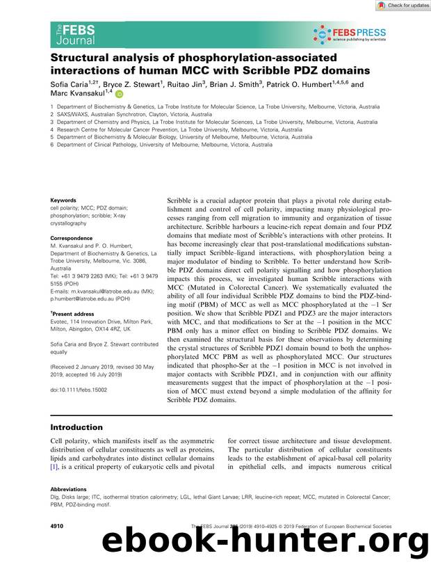 Structural analysis of phosphorylationâassociated interactions of human MCC with Scribble PDZ domains by Unknown