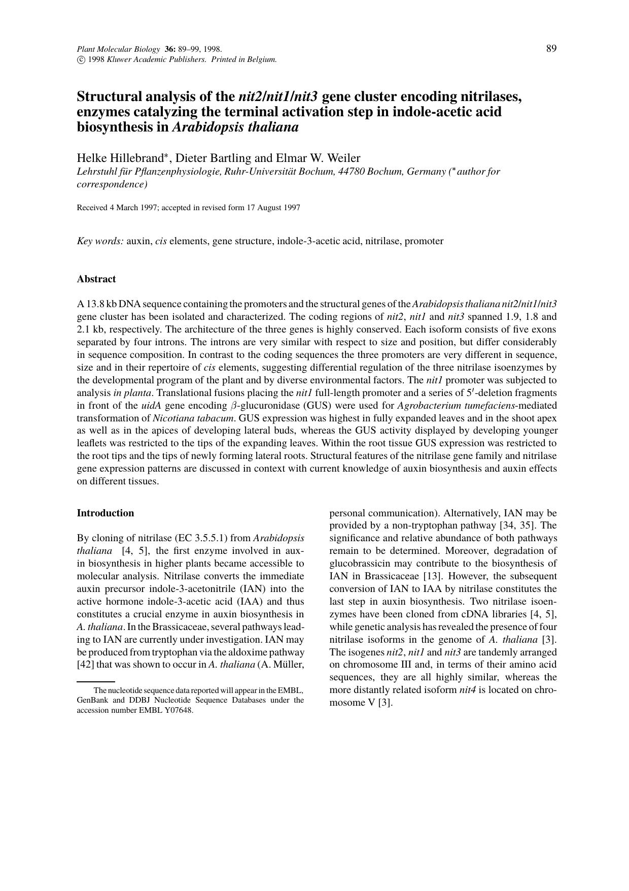 Structural analysis of the nit2nit1nit3 gene cluster encoding nitrilases, enzymes catalyzing the terminal activation step in indole-acetic acid biosynthesis in Arabidopsis thaliana by Unknown