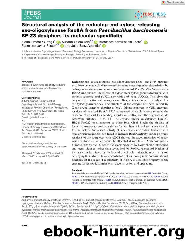 Structural analysis of the reducingâend xyloseâreleasing exoâoligoxylanase Rex8A from PaenibacillusÂ barcinonensis BPâ23 deciphers its molecular specificity by Unknown