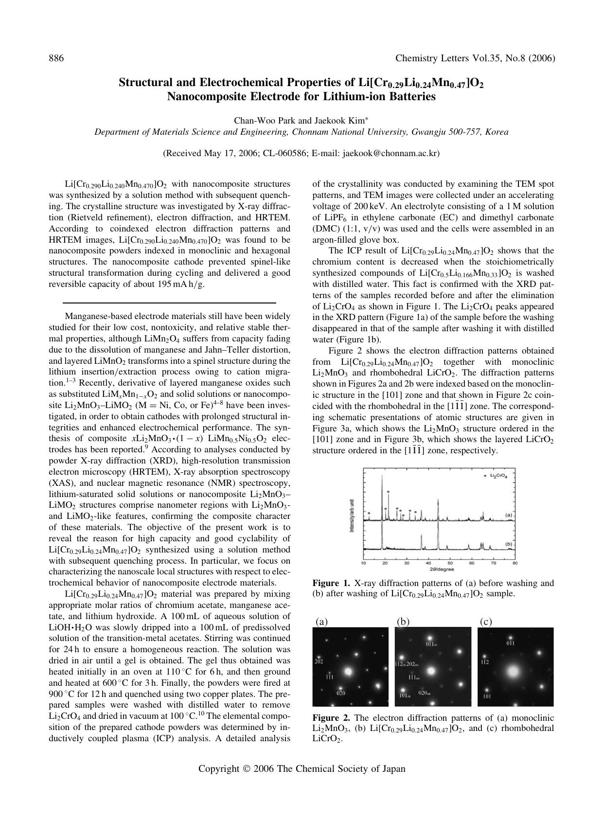 Structural and Electrochemical Properties of Li[Cr_{0.29}Li_{0.24}Mn_{0.47}]O_{2} Nanocomposite Electrode for Lithium-ion Batteries by Chan-Woo Park and Jaekook Kim