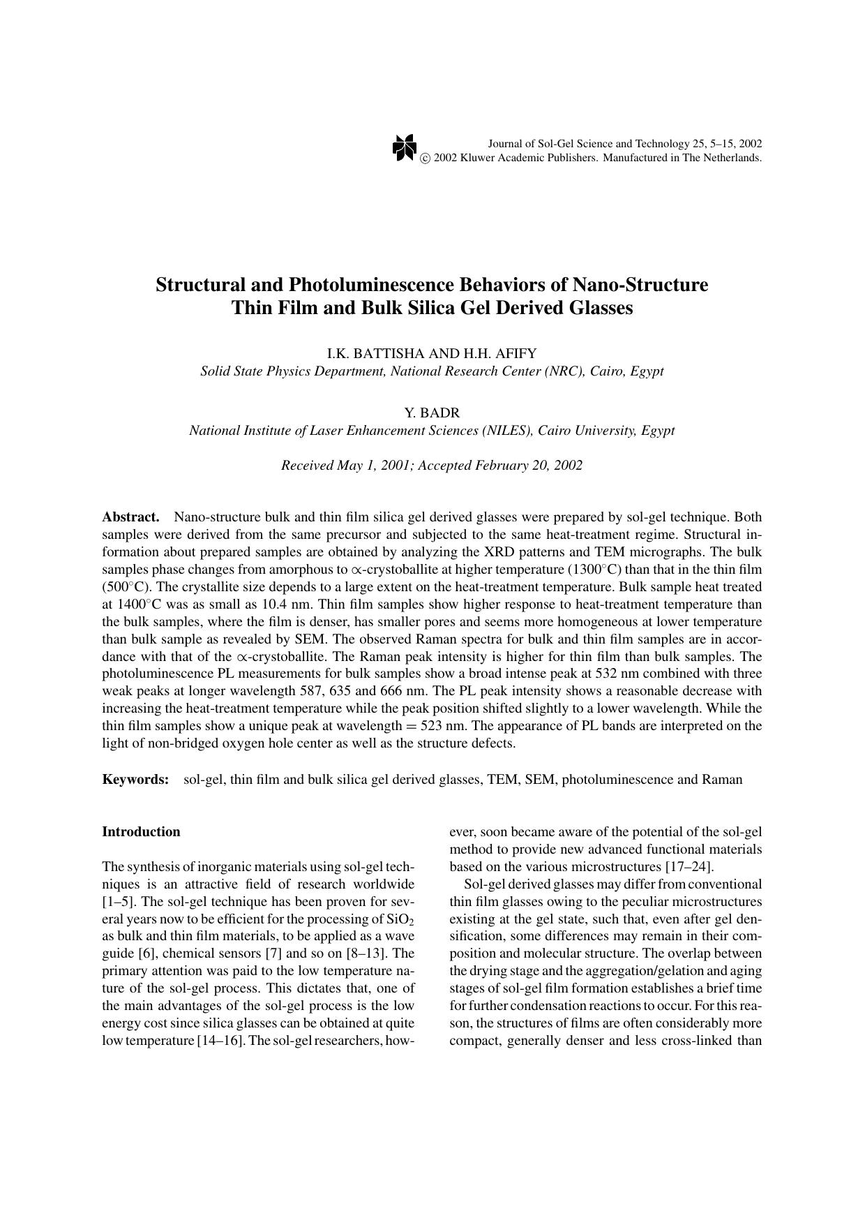 Structural and Photoluminescence Behaviors of Nano-Structure Thin Film and Bulk Silica Gel Derived Glasses by Unknown
