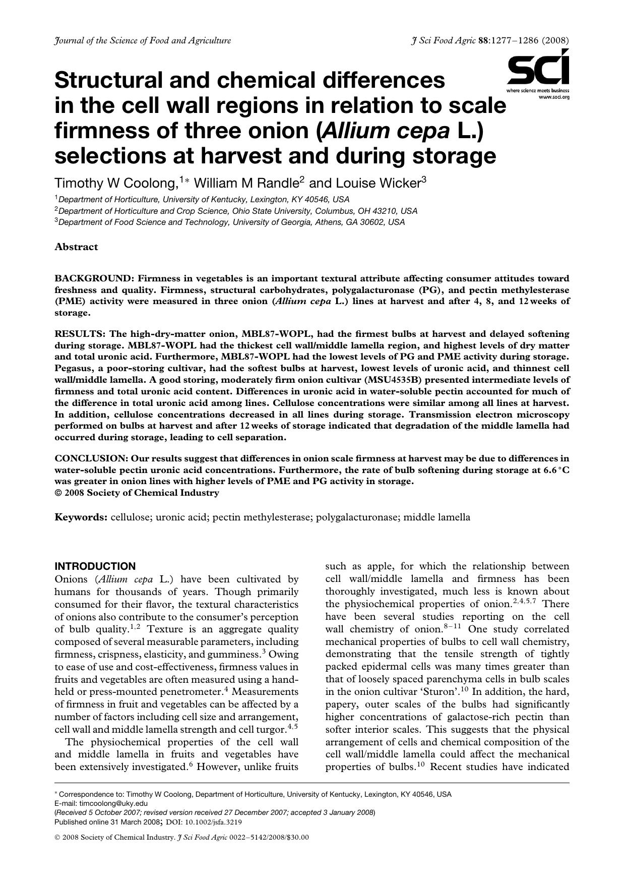 Structural and chemical differences in the cell wall regions in relation to scale firmness of three onion (Allium cepa L.) selections at harvest and during storage by Unknown