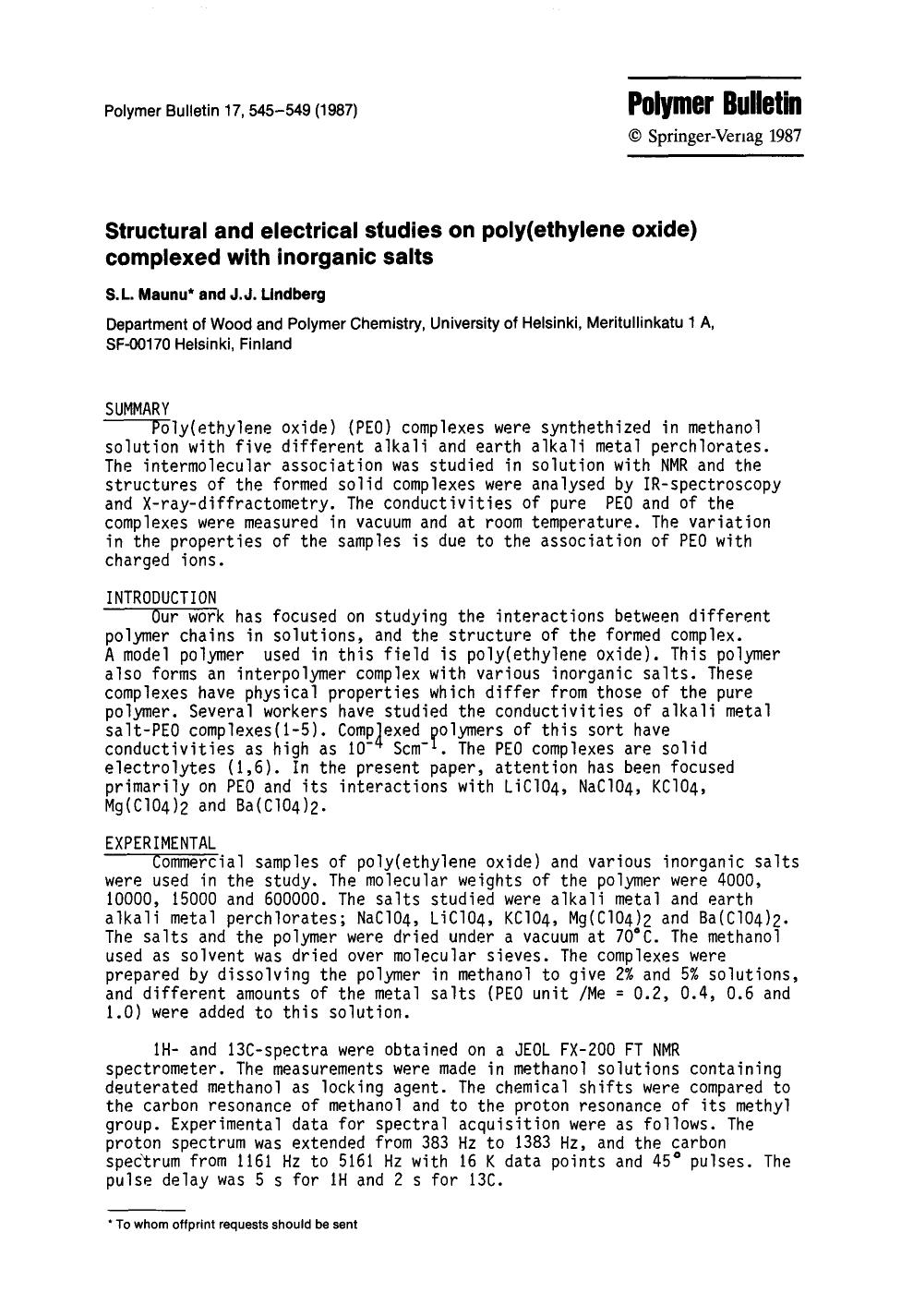 Structural and electrical studies on poly(ethylene oxide) complexed with inorganic salts by Unknown