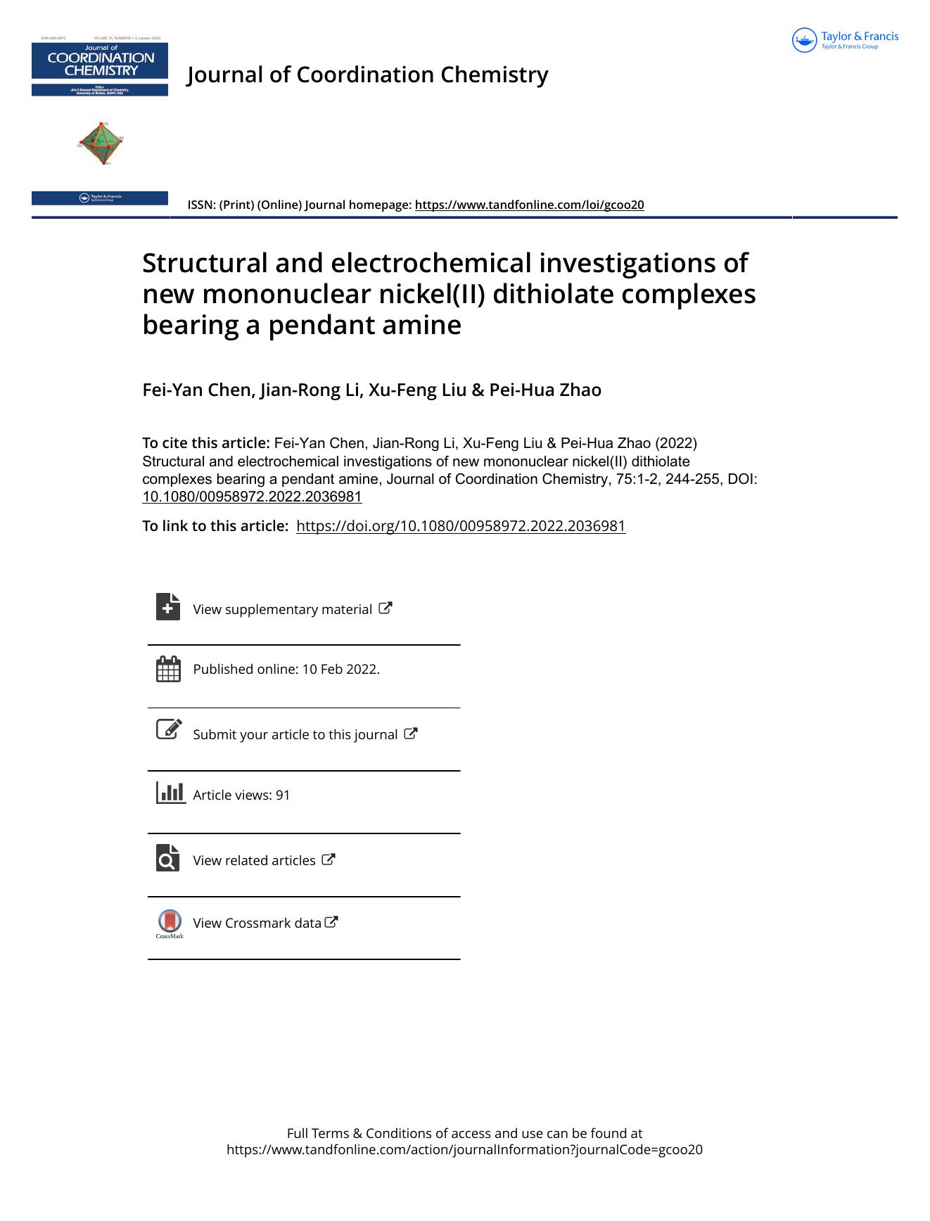 Structural and electrochemical investigations of new mononuclear nickel(II) dithiolate complexes bearing a pendant amine by Chen Fei-Yan & Li Jian-Rong & Liu Xu-Feng & Zhao Pei-Hua