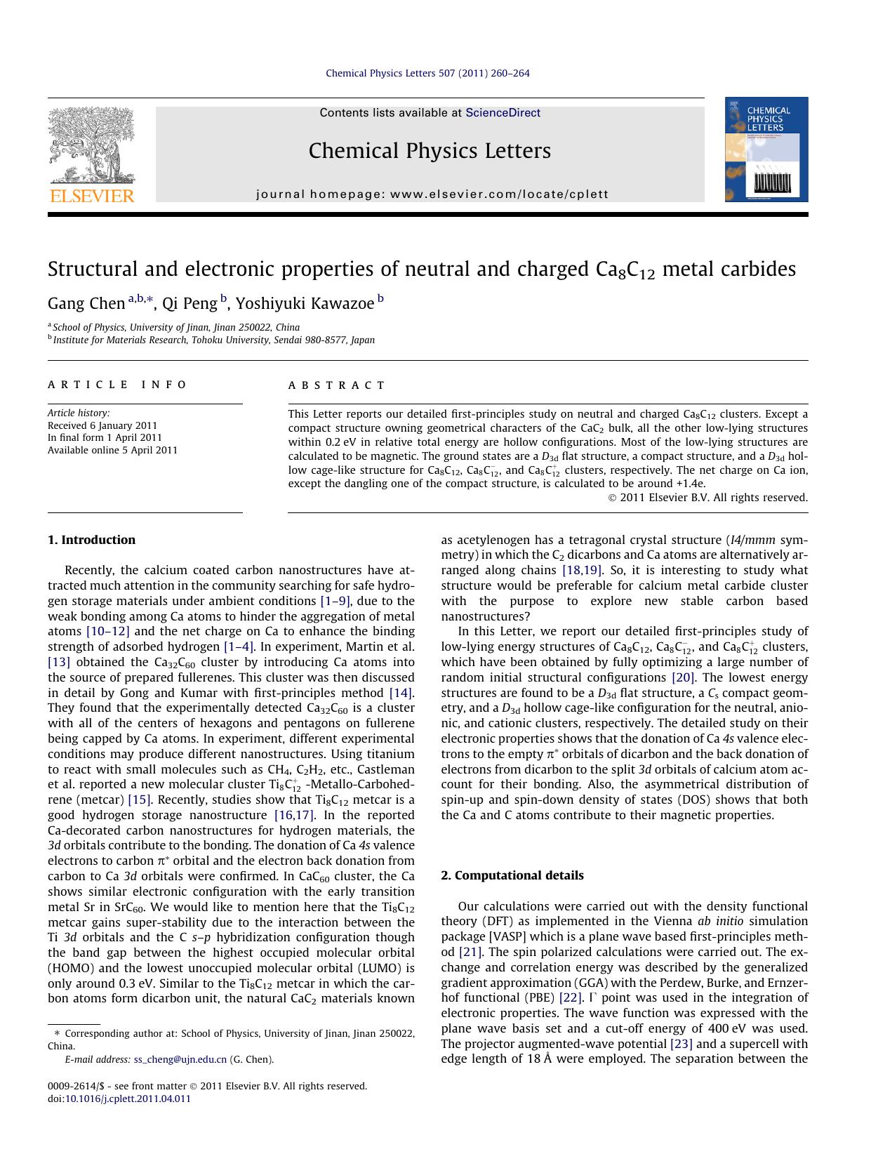 Structural and electronic properties of neutral and charged Ca8C12 metal carbides by Gang Chen & Qi Peng & Yoshiyuki Kawazoe