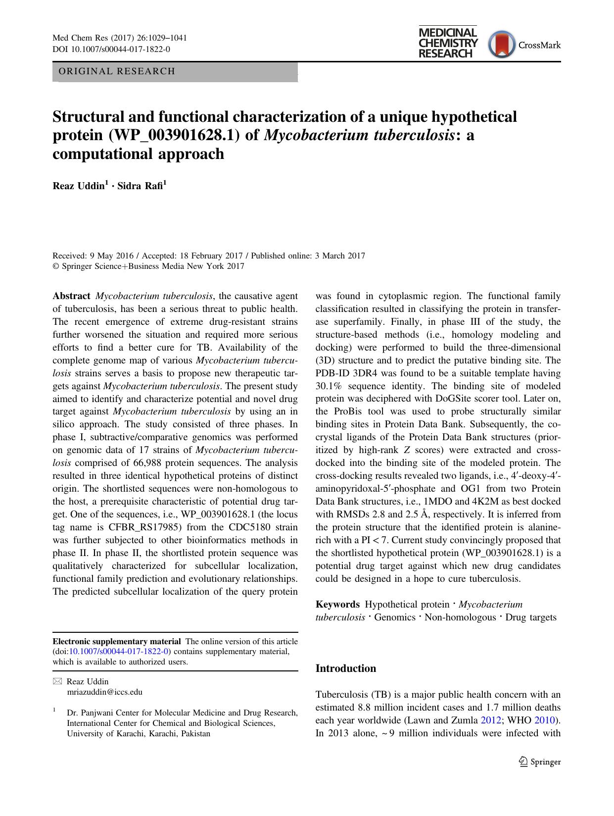 Structural and functional characterization of a unique hypothetical protein (WP_003901628.1) of Mycobacterium tuberculosis: a computational approach by Reaz Uddin & Sidra Rafi