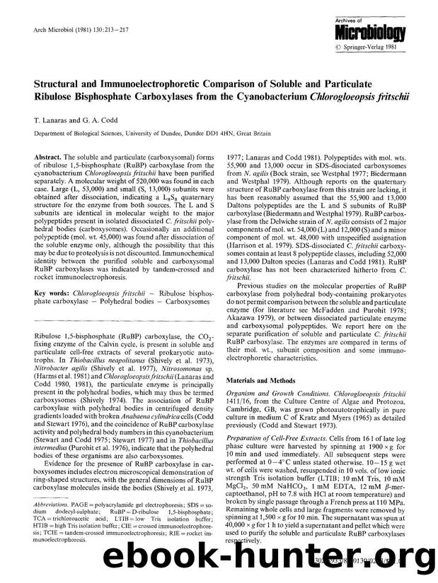 Structural and immunoelectrophoretic comparison of soluble and particulate ribulose bisphosphate carboxylases from the cyanobacterium <Emphasis Type="Italic">Chlorogloeopsis fritschii<Emphasis> by Unknown