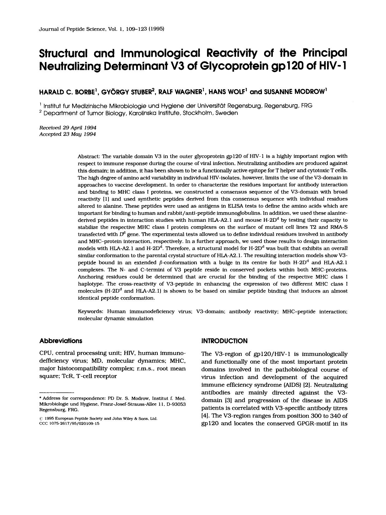 Structural and immunological reactivity of the principal neutralizing determinant V3 of glycoprotein gp 120 of HIV-1 by Unknown