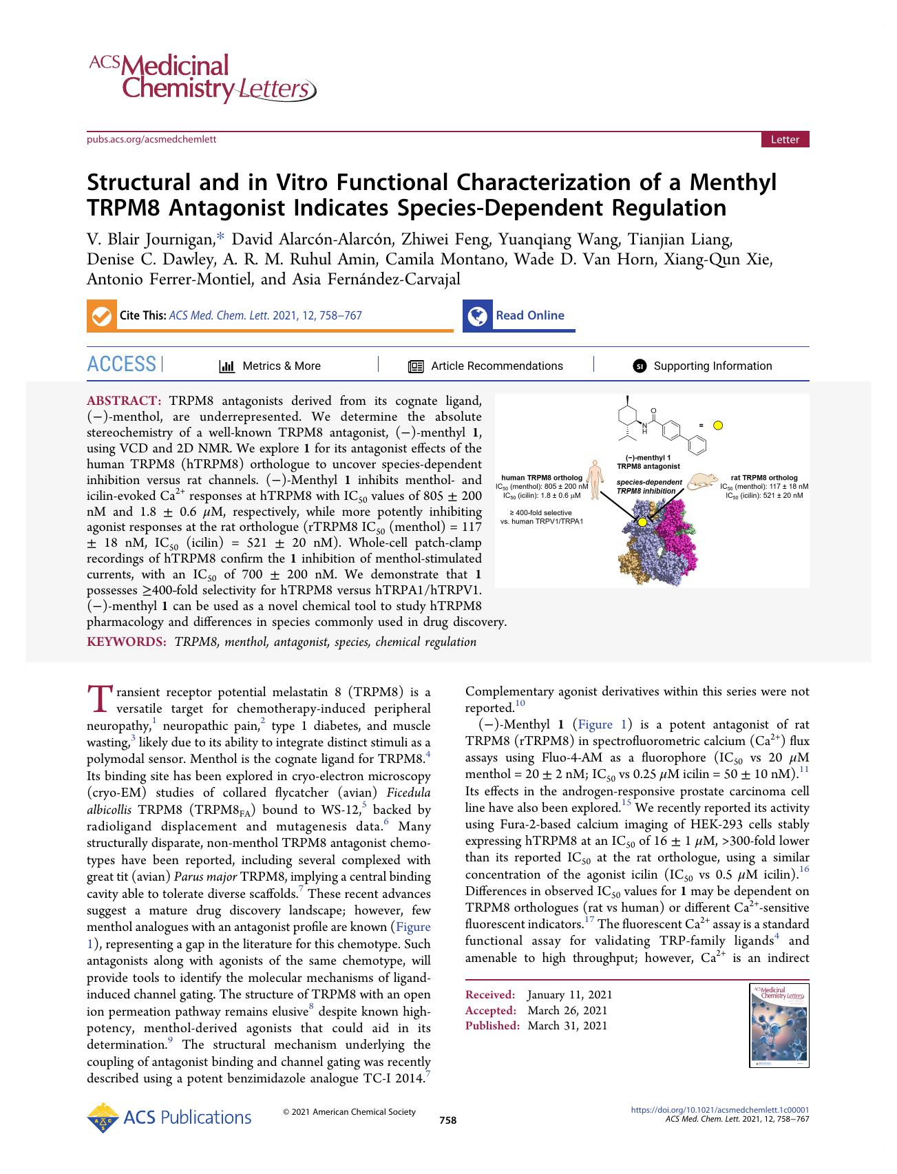 Structural and in Vitro Functional Characterization of a Menthyl TRPM8 Antagonist Indicates Species-Dependent Regulation by unknow