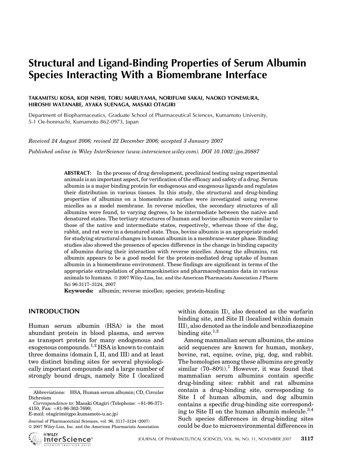 Structural and ligand-binding properties of serum albumin species interacting with a biomembrane interface by Unknown