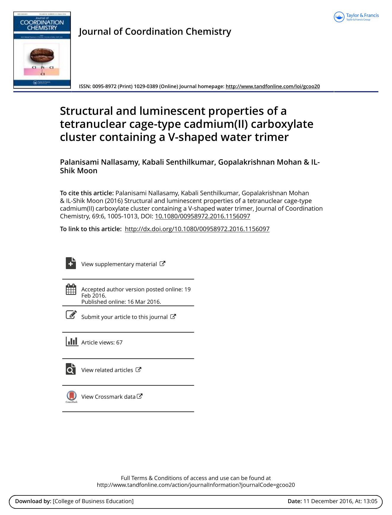 Structural and luminescent properties of a tetranuclear cage-type cadmium(II) carboxylate cluster containing a V-shaped water trimer by Palanisami Nallasamy & Kabali Senthilkumar & Gopalakrishnan Mohan & IL-Shik Moon