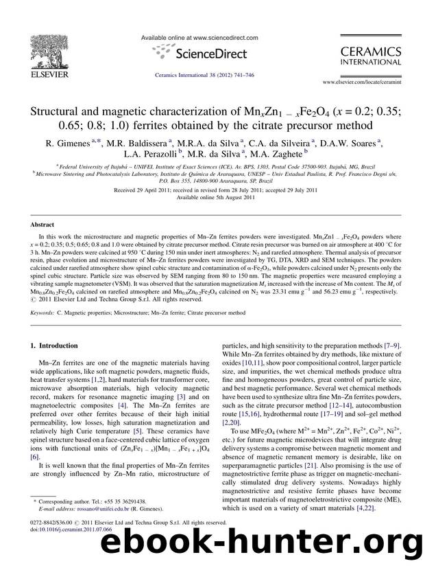 Structural and magnetic characterization of MnxZn1âxFe2O4 (x=0.2; 0.35; 0.65; 0.8; 1.0) ferrites obtained by the citrate precursor method by R. Gimenes