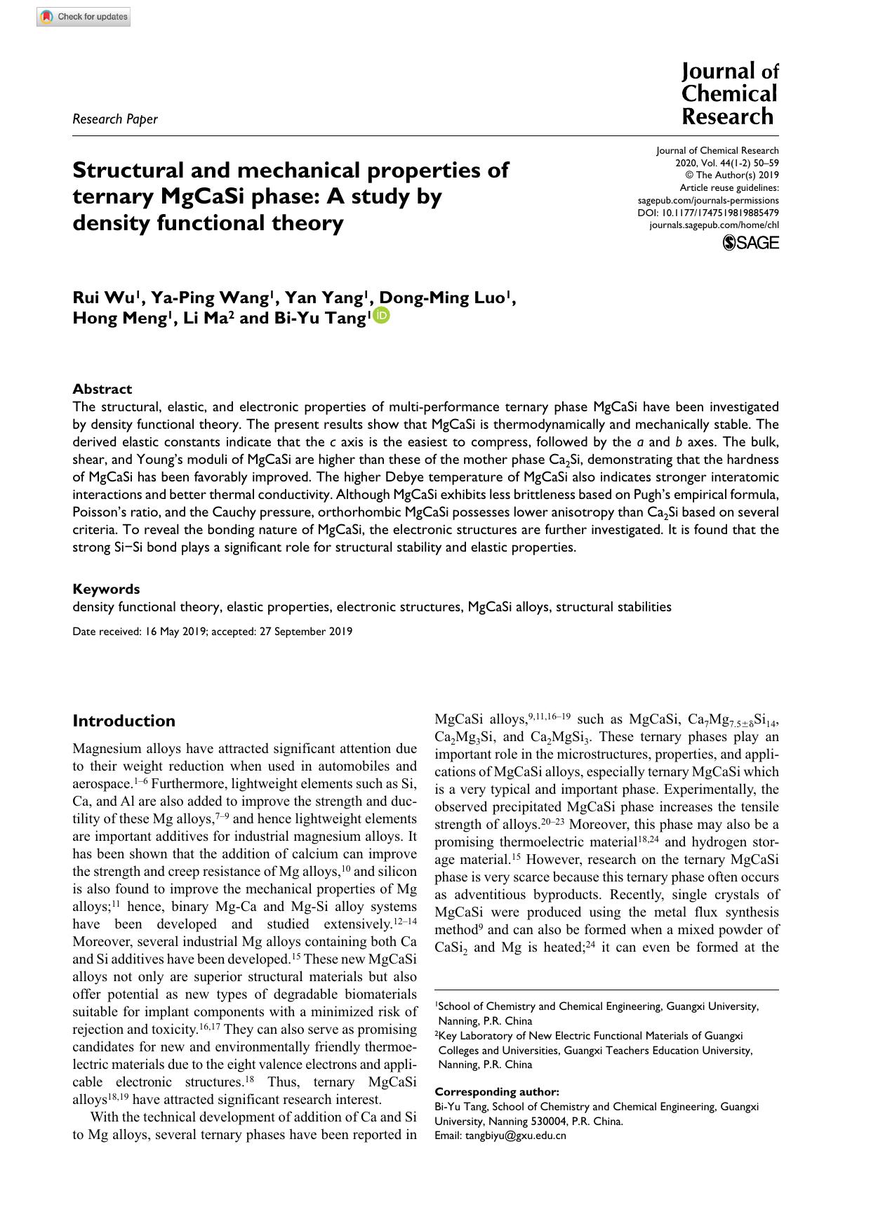 Structural and mechanical properties of ternary MgCaSi phase: A study by density functional theory by Rui Wu Ya-Ping Wang Yan Yang Dong-Ming Luo Hong Meng Li Ma & Bi-Yu Tang