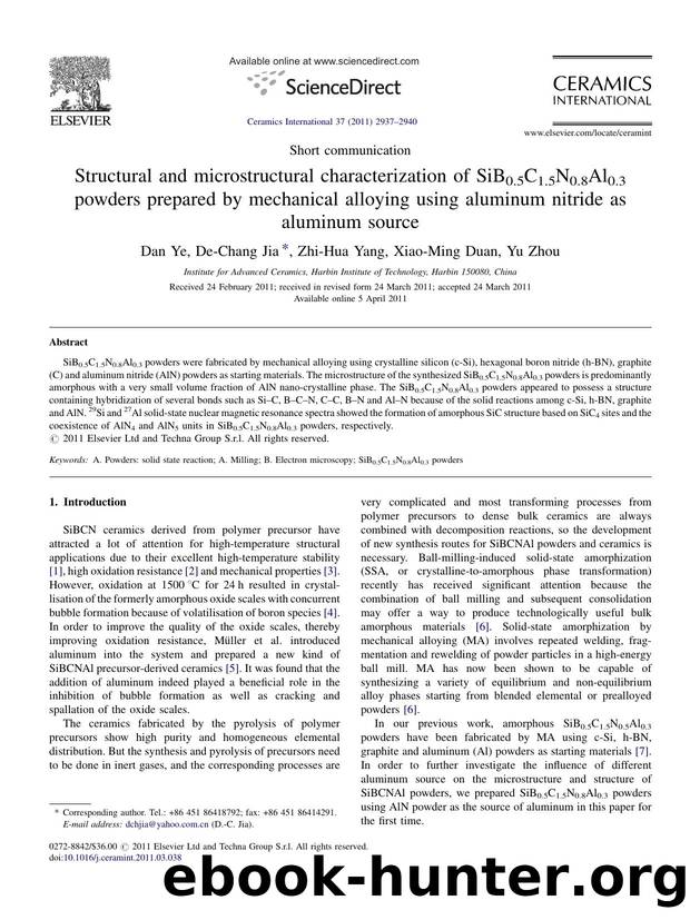 Structural and microstructural characterization of SiB0.5C1.5N0.8Al0.3 powders prepared by mechanical alloying using aluminum nitride as aluminum source by Dan Ye
