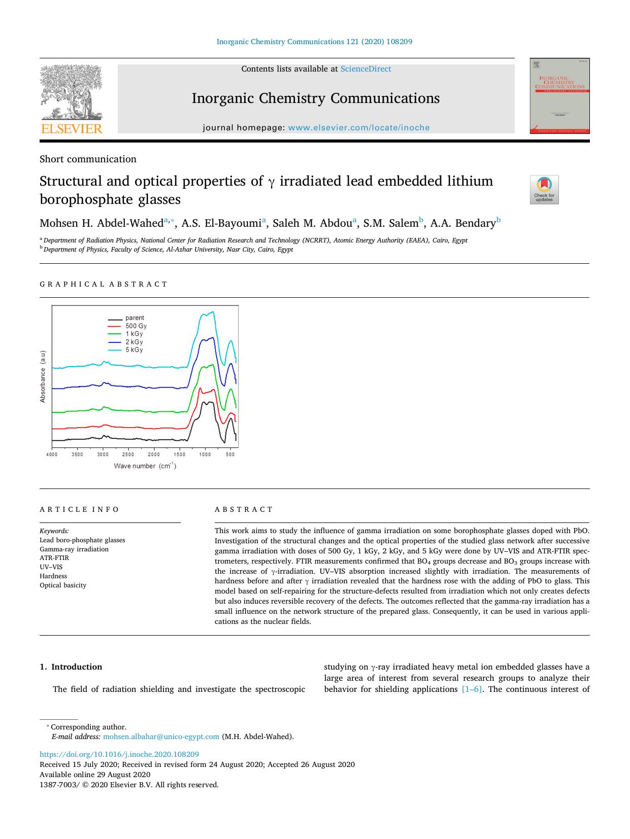 Structural and optical properties of Î³ irradiated lead embedded lithium borophosphate glasses by Mohsen H. Abdel-Wahed & A.S. El-Bayoumi & Saleh M. Abdou & S.M. Salem & A.A. Bendary