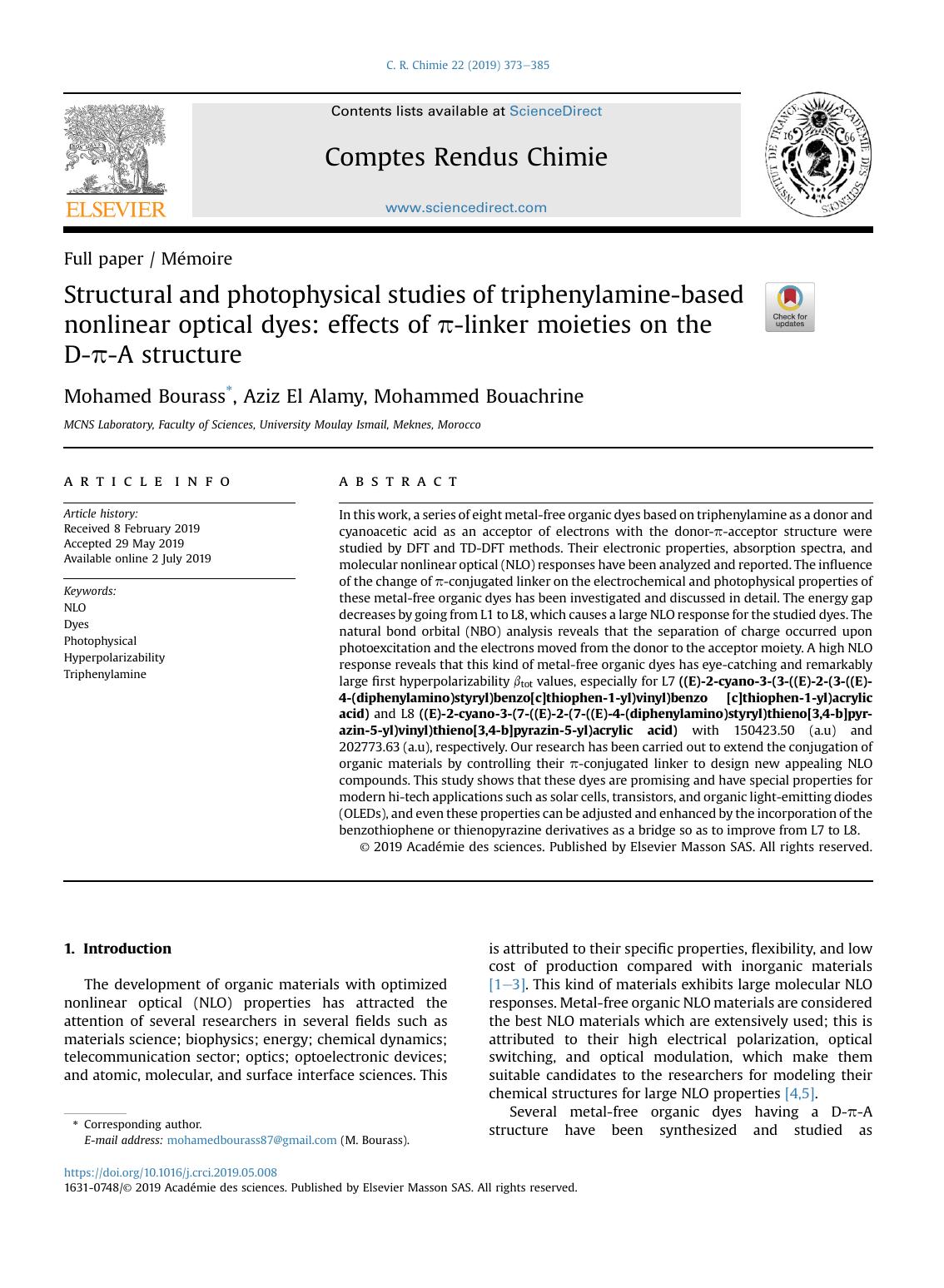 Structural and photophysical studies of triphenylamine-based nonlinear optical dyes: effects of &pi;-linker moieties on the D-&pi;-A structure by Mohamed Bourass & Aziz El Alamy & Mohammed Bouachrine