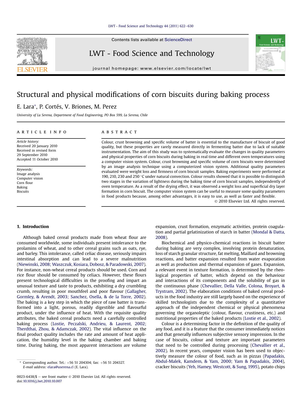 Structural and physical modifications of corn biscuits during baking process by E. Lara & P. Cortés & V. Briones & M. Perez