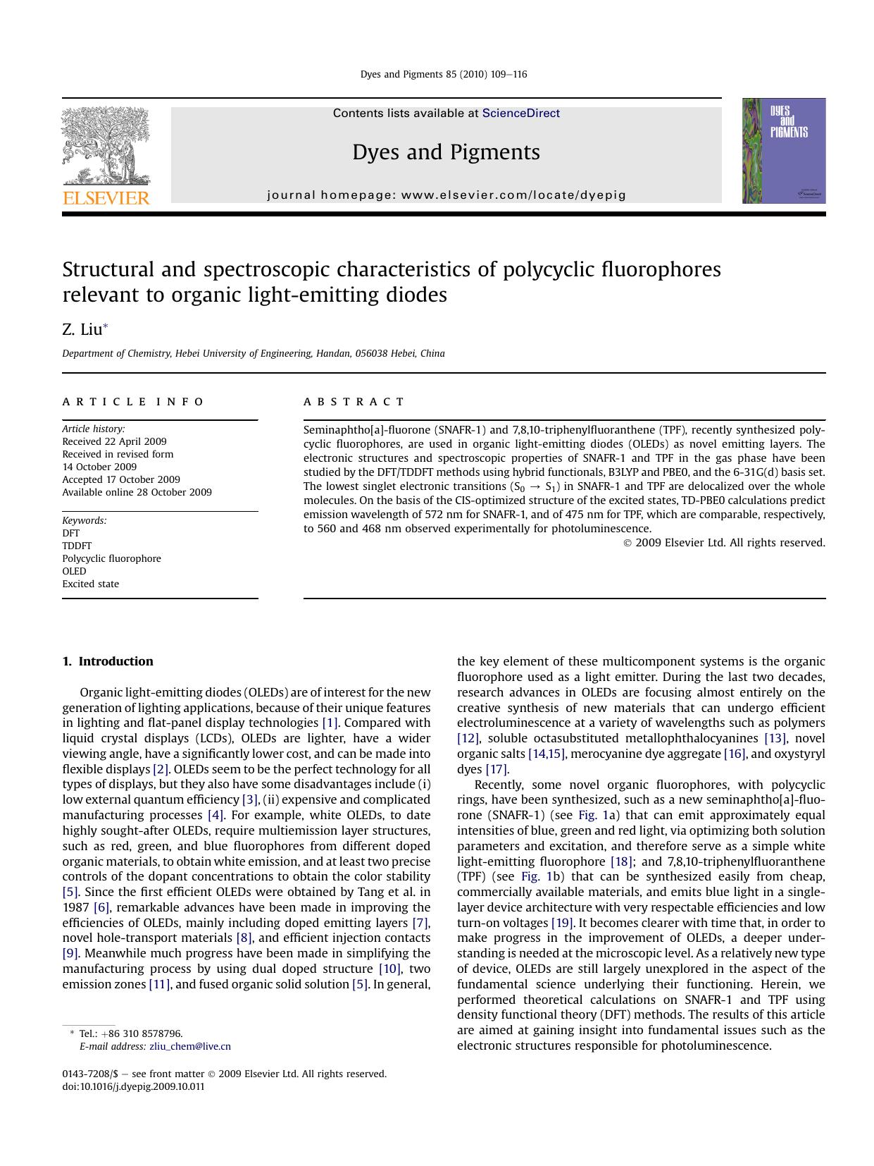 Structural and spectroscopic characteristics of polycyclic fluorophores relevant to organic light-emitting diodes by Z. Liu