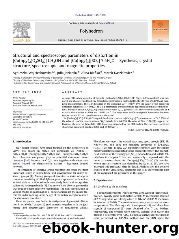Structural and spectroscopic parameters of distortion in [Cu(bpy)2(O2SO2)]ÃÂ·CH3OH and [Cu(bpy)3][SO4]ÃÂ·7.5H2O Ã¢â¬â Synthesis, crystal structure, spectroscopic and magnetic properties by Agnieszka Wojciechowska & Julia Jezierska & Alina Bieńko & Marek Daszkiewicz