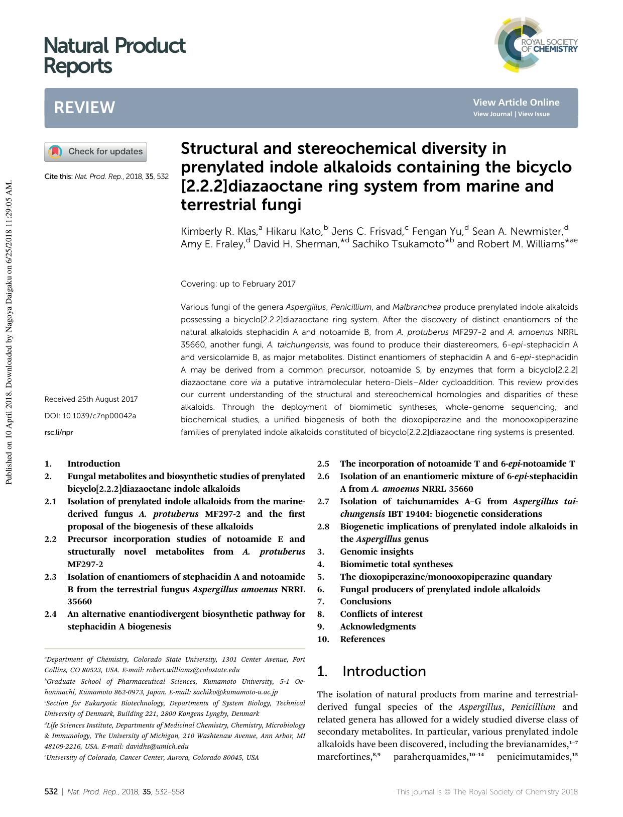 Structural and stereochemical diversity in prenylated indole alkaloids containing the bicyclo[2.2.2]diazaoctane ring system from marine and terrestrial fungi by unknow