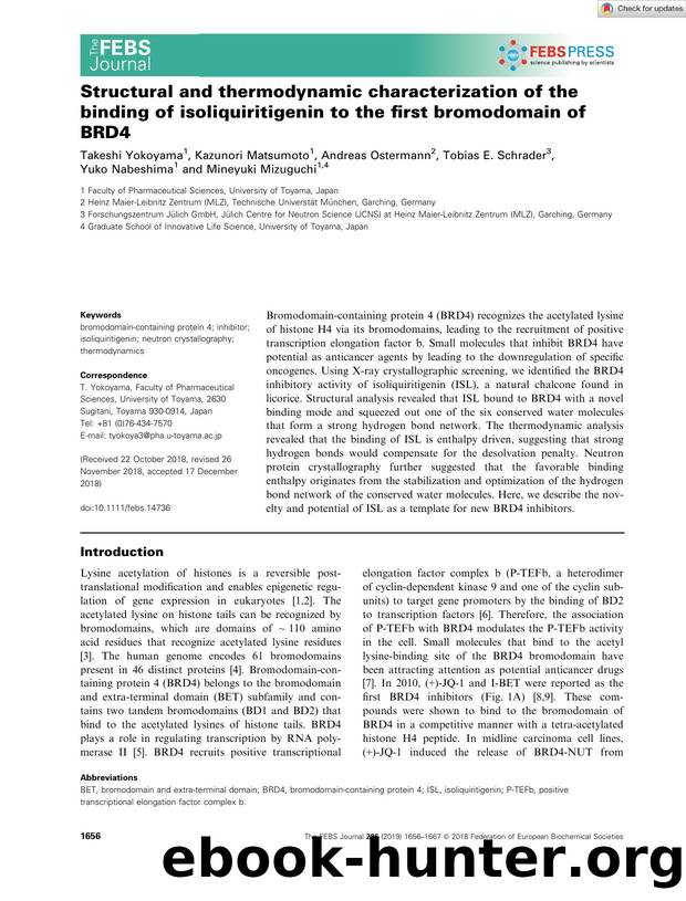 Structural and thermodynamic characterization of the binding of isoliquiritigenin to the first bromodomain of BRD4 by Unknown