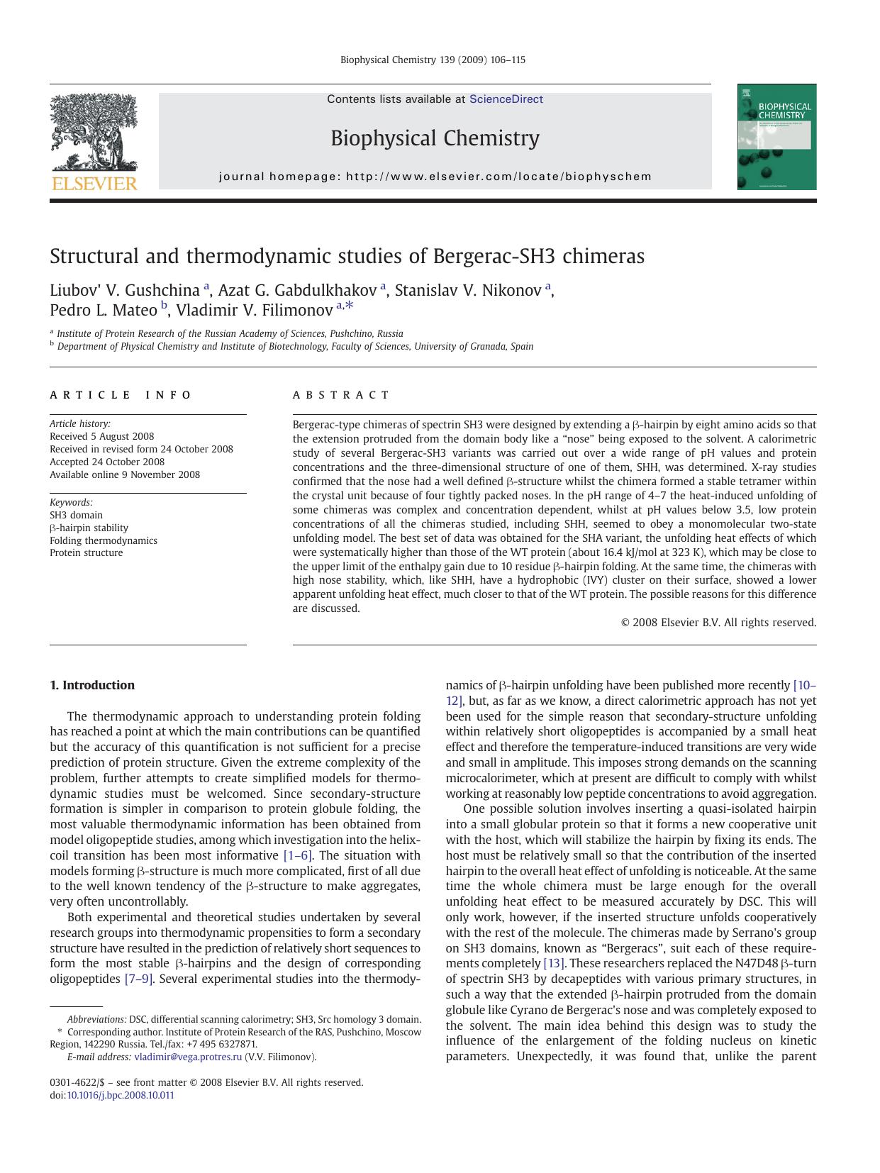 Structural and thermodynamic studies of Bergerac-SH3 chimeras by unknow