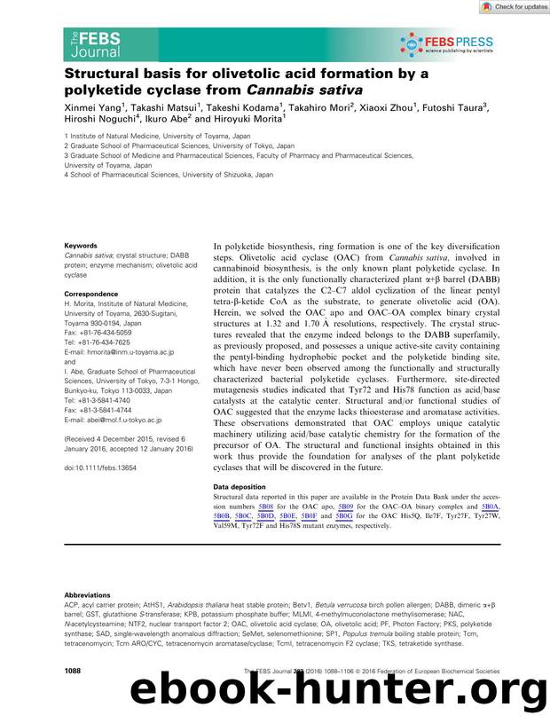 Structural basis for olivetolic acid formation by a polyketide cyclase from Cannabis sativa by Unknown