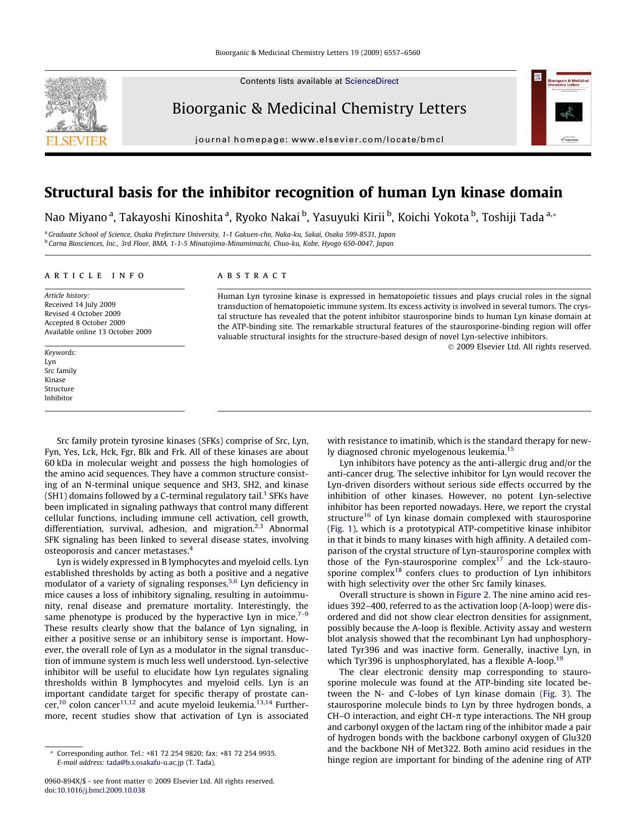 Structural basis for the inhibitor recognition of human Lyn kinase domain by Nao Miyano; Takayoshi Kinoshita; Ryoko Nakai; Yasuyuki Kirii; Koichi Yokota; Toshiji Tada