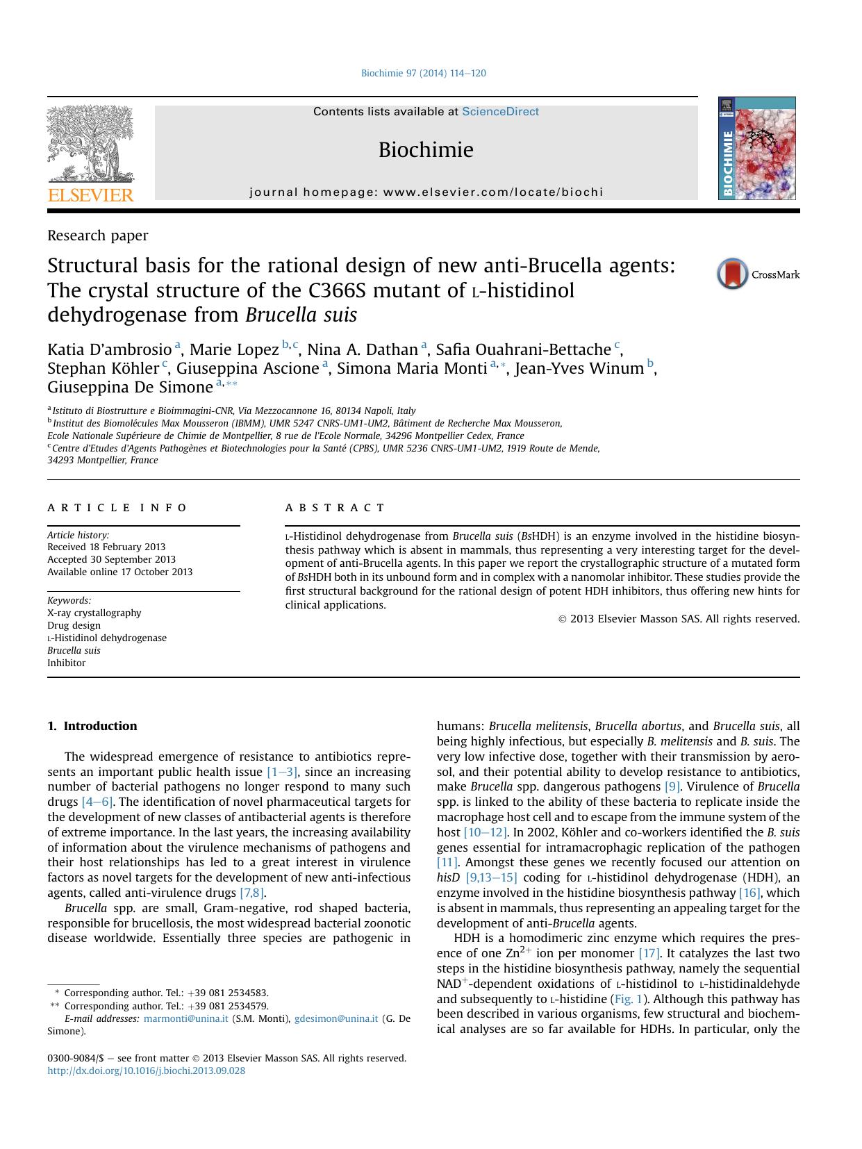 Structural basis for the rational design of new anti-Brucella agents: The crystal structure of the C366S mutant of l-histidinol dehydrogenase from Brucella suis by unknow